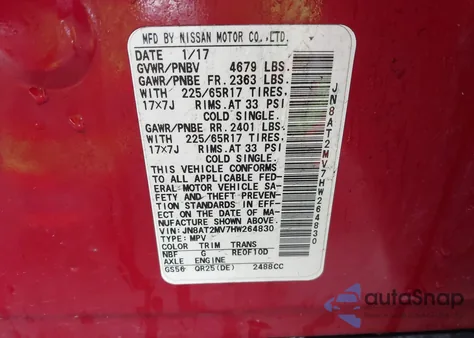 2017 Nissan Rogue Sv z USA, uszkodzony, nr VIN JN8AT2MV7HW264830